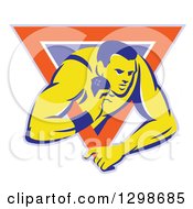 Retro Male Track And Field Shot Put Athlete Throwing In A Purple White And Orange Triangle