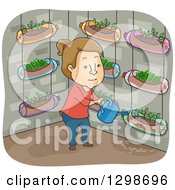 Clipart Of A Brunette White Woman Watering Her Vetical Garden Made Of Recycled Soda Bottles Royalty Free Vector Illustration