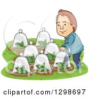 Cartoon Brunette White Man Putting Glass Dome Cloches Over His Plants In His Garden