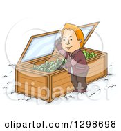 Clipart Of A Cartoon Red Haired White Man Opening His Winter Garden Royalty Free Vector Illustration