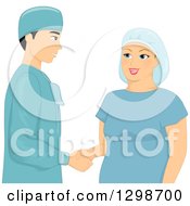 Clipart Of A Chubby White Woman Shaking Hands With Her Plastic Surgeon Prior To Liposuction Royalty Free Vector Illustration by BNP Design Studio