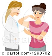 Clipart Of A Dirty Blond White Female Plastic Surgeon Doctor Discussing Flabby Arms With Her Patient Royalty Free Vector Illustration