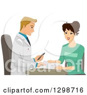 Poster, Art Print Of Blond White Male Doctor Handing A Pen And Paper To A Female Patient