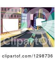 Clipart Of A Colorful City Street With Buildings Palm Trees And Jumbotrons Royalty Free Vector Illustration by BNP Design Studio