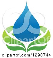 Poster, Art Print Of Blue Water Drop And Green Leaf Ecology Design 8