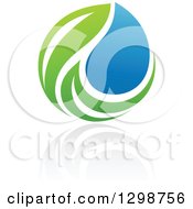 Clipart Of A Blue Water Drop And Green Leaf Ecology Design With A Reflection Royalty Free Vector Illustration