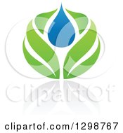 Clipart Of A Blue Water Drop And Green Leaf Ecology Design With A Reflection 2 Royalty Free Vector Illustration