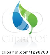 Clipart Of A Blue Water Drop And Green Leaf Ecology Design With A Reflection 15 Royalty Free Vector Illustration