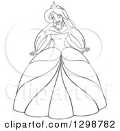 Clipart Of A Lineart Black And White Caucasian Princess In A Ball Gown Royalty Free Vector Illustration by Liron Peer