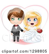 Poster, Art Print Of Brunette White Groom And Excited Blond Bride Wedding Couple With A Heart