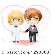 Poster, Art Print Of Happy Caucasian Gay Wedding Couple Holding Hands In Front Of A Heart