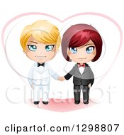 Happy White Gay Wedding Couple Holding Hands In Front Of A Heart