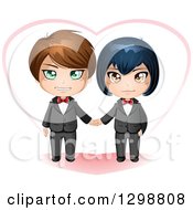 Poster, Art Print Of Happy Caucasian And Asian Gay Wedding Couple Holding Hands In Front Of A Heart