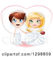 Clipart Of A Caucasian Brides Lesbian Wedding Couple Holding Hands In Dresses In Front Of A Heart Royalty Free Vector Illustration by Liron Peer #COLLC1298809-0188