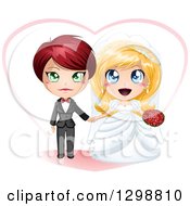 Poster, Art Print Of Caucasian Brides Lesbian Wedding Couple Holding Hands In Front Of A Heart