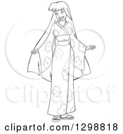 Poster, Art Print Of Lineart Black And White Beautiful Young Asian Woman Wearing A Floral Kimono