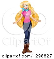 Poster, Art Print Of Blond White Woman Wearing A Pink T Shirt And Jeans