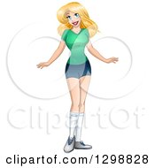 Poster, Art Print Of Blond White Woman Wearing A T Shirt And Shorts With Long Socks