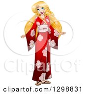 Blond White Woman Wearing A Red Floral Kimono