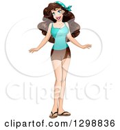 Clipart Of A Beautiful Brunette White Woman In A Tank Top And Shorts Royalty Free Vector Illustration
