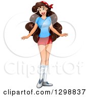 Poster, Art Print Of Beautiful Brunette White Woman In A T Shirt And Shorts