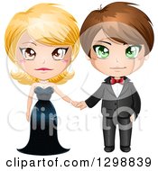 Poster, Art Print Of Blond White Woman In A Black Evening Gown Holding Hands With A Brunette Man In A Formal Tuxedo