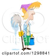 Exhausted Blond White Woman Holding A Mop And Bucket