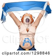 Clipart Of A Red Haired White Male Sports Team Fan With A Letter A Painted On His Belly Armpit And Chest Hair Screaming And Holding Up A Banner Royalty Free Vector Illustration
