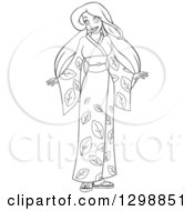 Clipart Of A Lineart Black And White Woman In A Leaf Kimono Royalty Free Vector Illustration