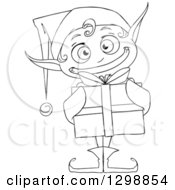 Poster, Art Print Of Lineart Black And White Grinning Male Christmas Elf Holding A Gift