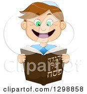 Cartoon Happy Brunette White Boy Reading From Haggadah Of Passover