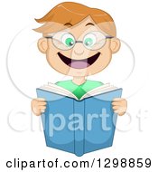 Poster, Art Print Of Cartoon Excited Dirty Blond White Boy Wearing Glasses And Reading A Book