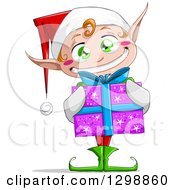 Poster, Art Print Of Green Eyed White Grinning Male Christmas Elf Holding A Gift