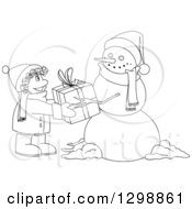 Poster, Art Print Of Lineart Black And White Christmas Snowman Giving A Gift To A Boy