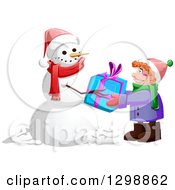 Poster, Art Print Of Christmas Snowman Giving A Gift To A Red Haired Caucasian Boy
