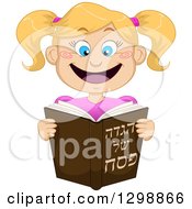 Poster, Art Print Of Cartoon Happy Blond White Girl Reading From Haggadah Of Passover