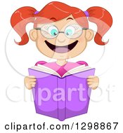Cartoon Excited Red Haired White Girl Wearing Glasses And Reading A Book
