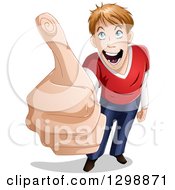 Clipart Of A Cartoon Blue Eyed Young White Man Holding A Thumb Up Royalty Free Vector Illustration