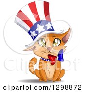 Clipart Of A Cute Independence Day Patriotic Ginger Kitten Wearing An American Top Hat Royalty Free Vector Illustration