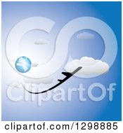 Poster, Art Print Of Commercial Airplane Flying Away From Blue Planet Earth In A Blue Cloudy Sky