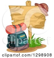 Poster, Art Print Of Camping Backpack By A Blank Wooden Sign With A Hat