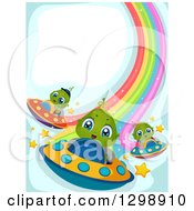 Clipart Of Cute Alien Kids Flying UFOs And Leaving Rainbow Trails Royalty Free Vector Illustration