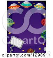 Poster, Art Print Of Border Of Ufo Flying Saucers Planets Stars And A Sign On Purple