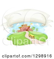 Clipart Of A Blank Banner Over A School Bus Approaching A Building Royalty Free Vector Illustration