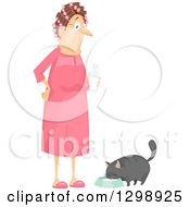 Poster, Art Print Of White Granny With Curlers And A Pink Nightgown Giving Her Cat Milk