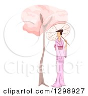 Poster, Art Print Of Sketched Asian Woman In A Kimono Strolling With A Parasol By A Cherry Blossom Tree