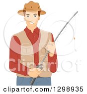Poster, Art Print Of Brunette White Man Holding A Fishing Pole Wearing A Vest And Hat
