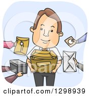 Cartoon Happy Brunette White Messenger Receiving Packages And Envelopes