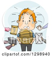 Cartoon Stressed Red Haired White Messenger Receiving Packages And Envelopes