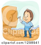 Poster, Art Print Of Cartoon Brunette White Man Sculpting A Bust Out Of Sand